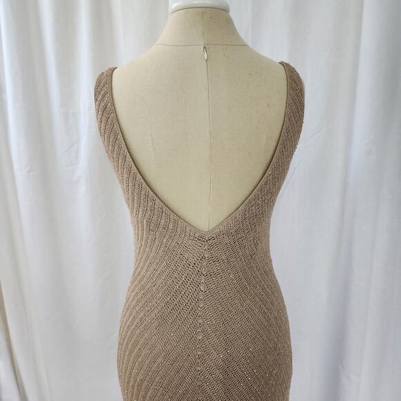 Carmen Marc Valvo Knit crochet Maxi Dress L tan gold All-over beaded formal vtg - Picture 11 of 13